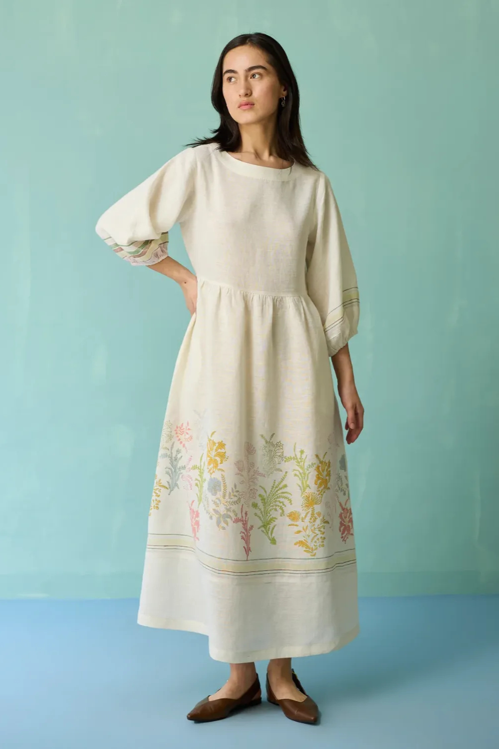 Buy Ora Block-Printed Floral Linen Dress - Ivory Worldwide