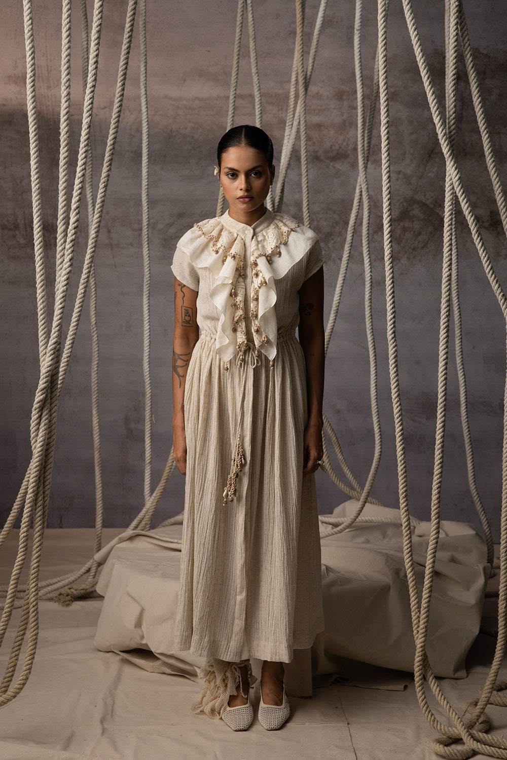 Buy Ivory Flounce Crushed Drawstring Dress Worldwide
