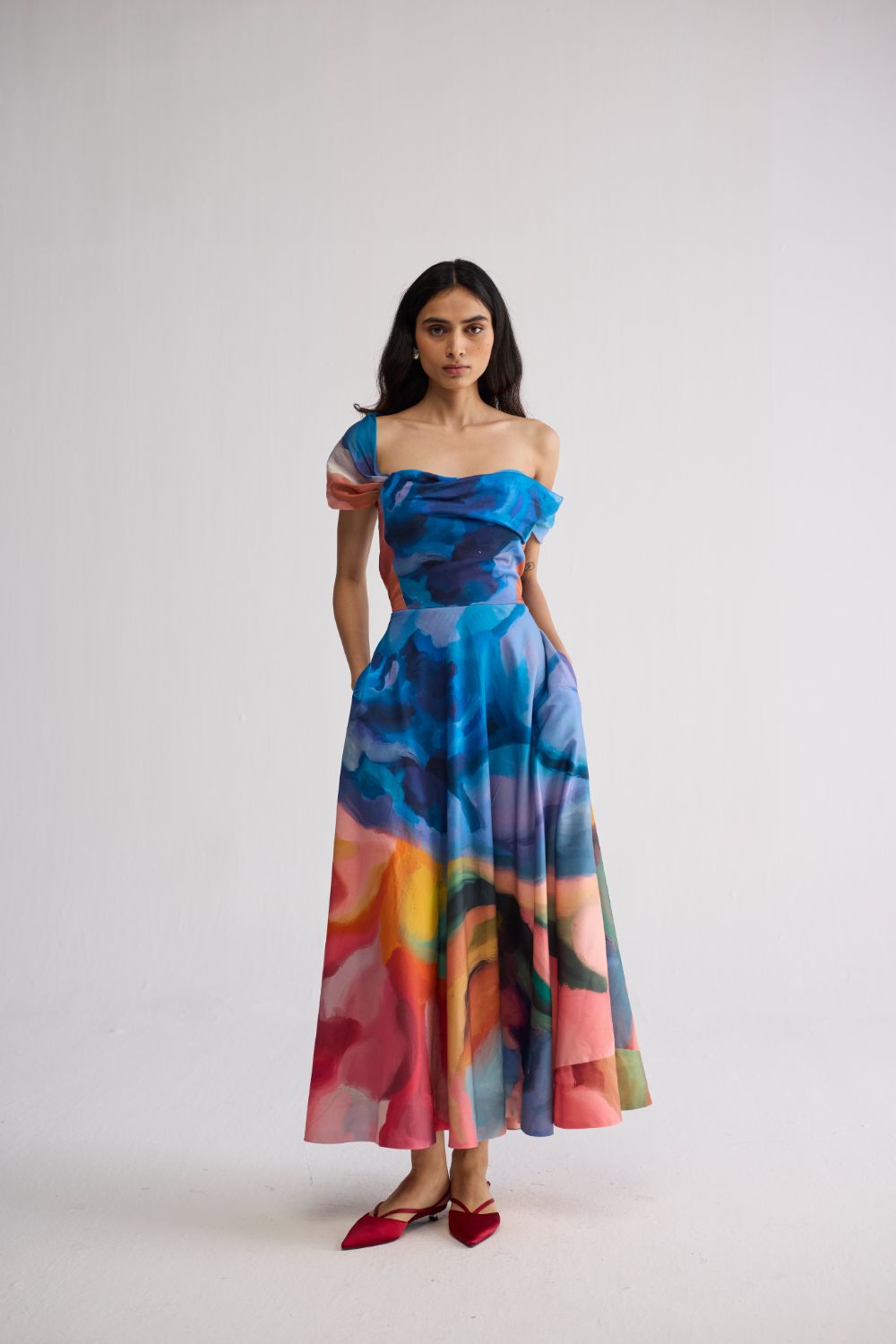 off shoulder rainbow dress Rainbow Garden Draped Off-Shoulder Dress M