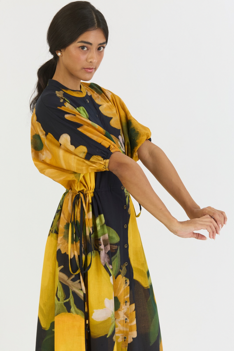 POMELLO SIDE TIE UP DRESS cotton by Yam in yellow color for women Worldwide