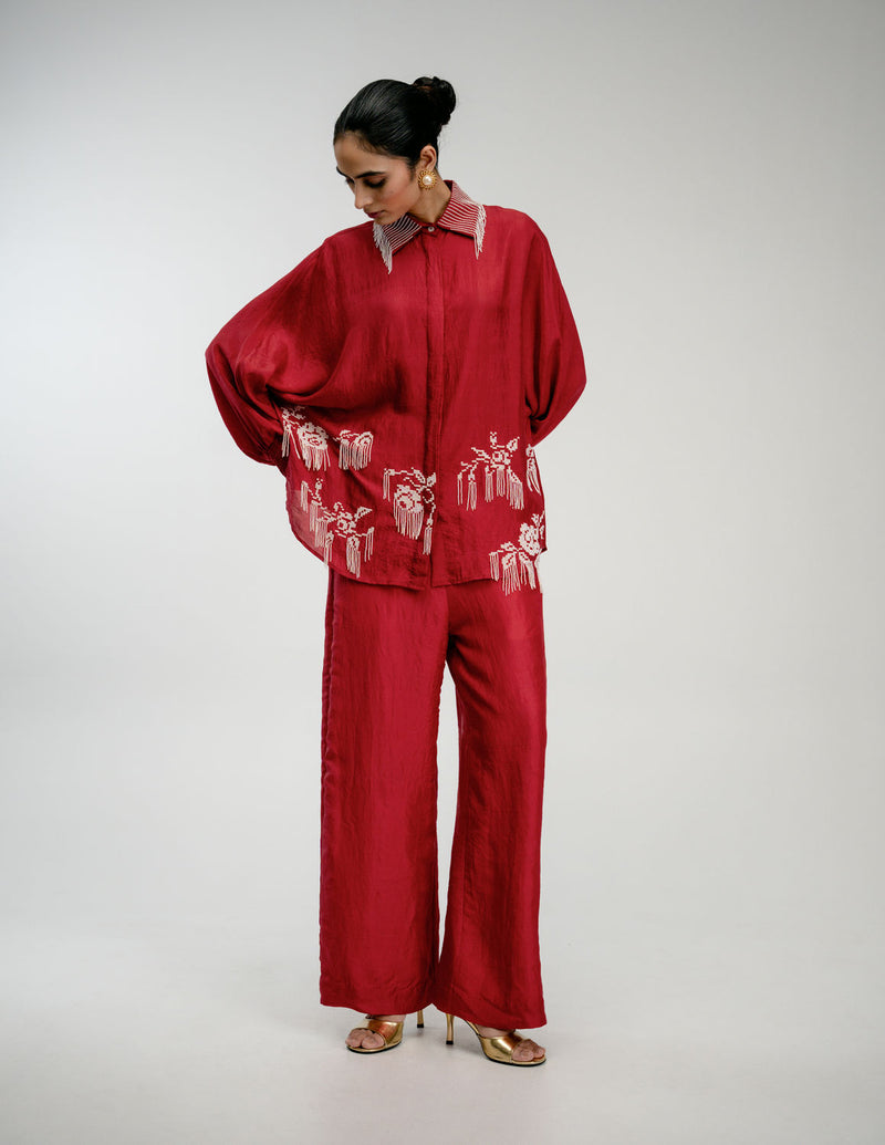 Heirloom Set mulberry silk co-ord set by Ode to Odd in red for women Worldwide