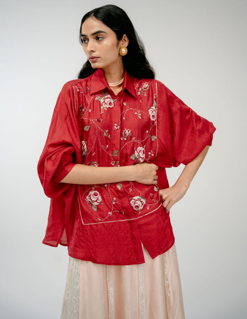 Forgotten Bloom Shirt mulberry silk top/shirt by Ode to Odd in red for women Worldwide