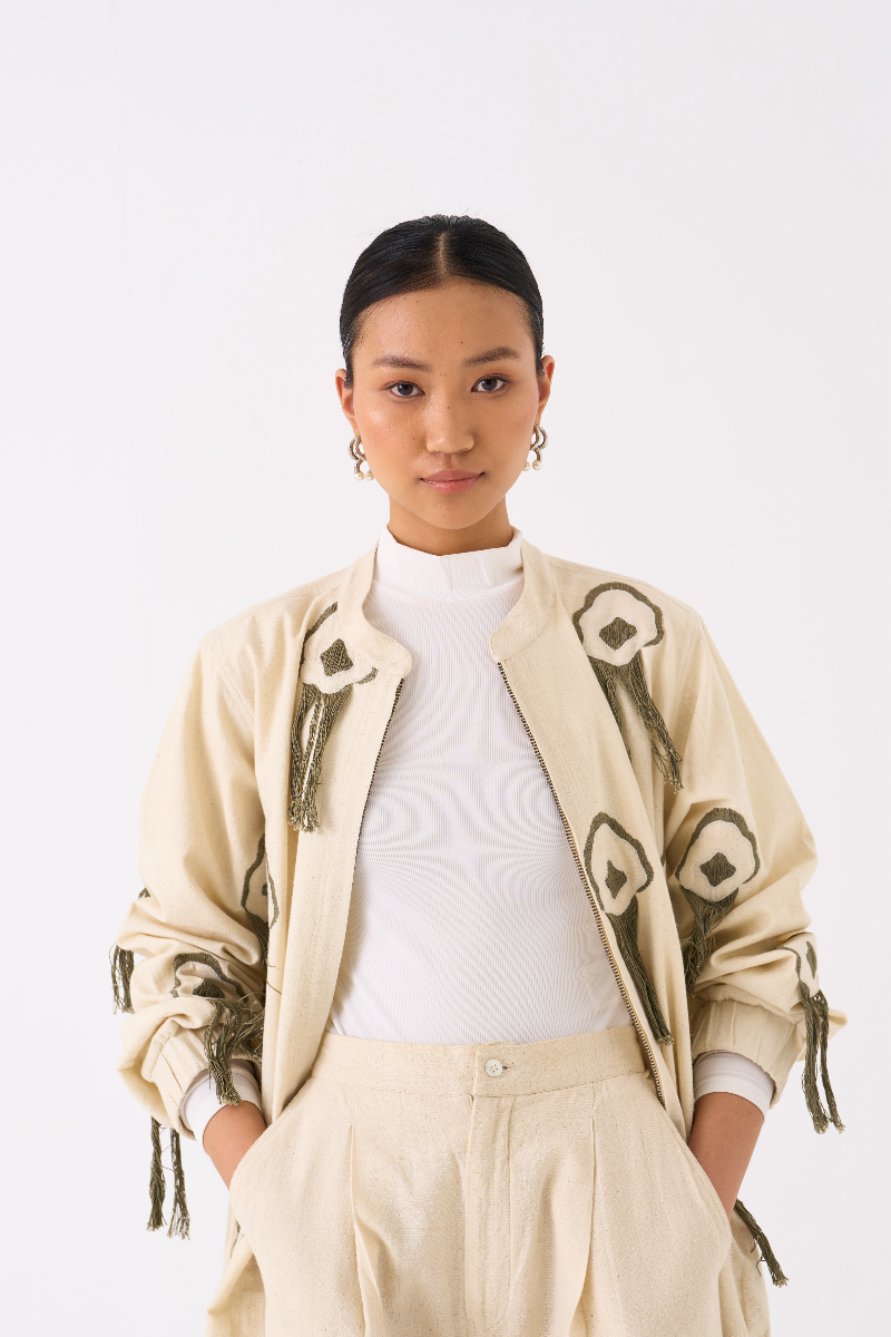 FRINGE BOMBER JACKET CO-ORD 
(SET OF 2)-IVORY by THREE in ivory color for women Worldwide