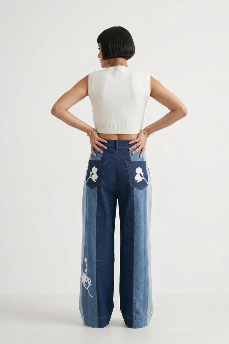 Ember Denim Panelled Pants denim pant/trouser by Doodlage in blue for women Worldwide