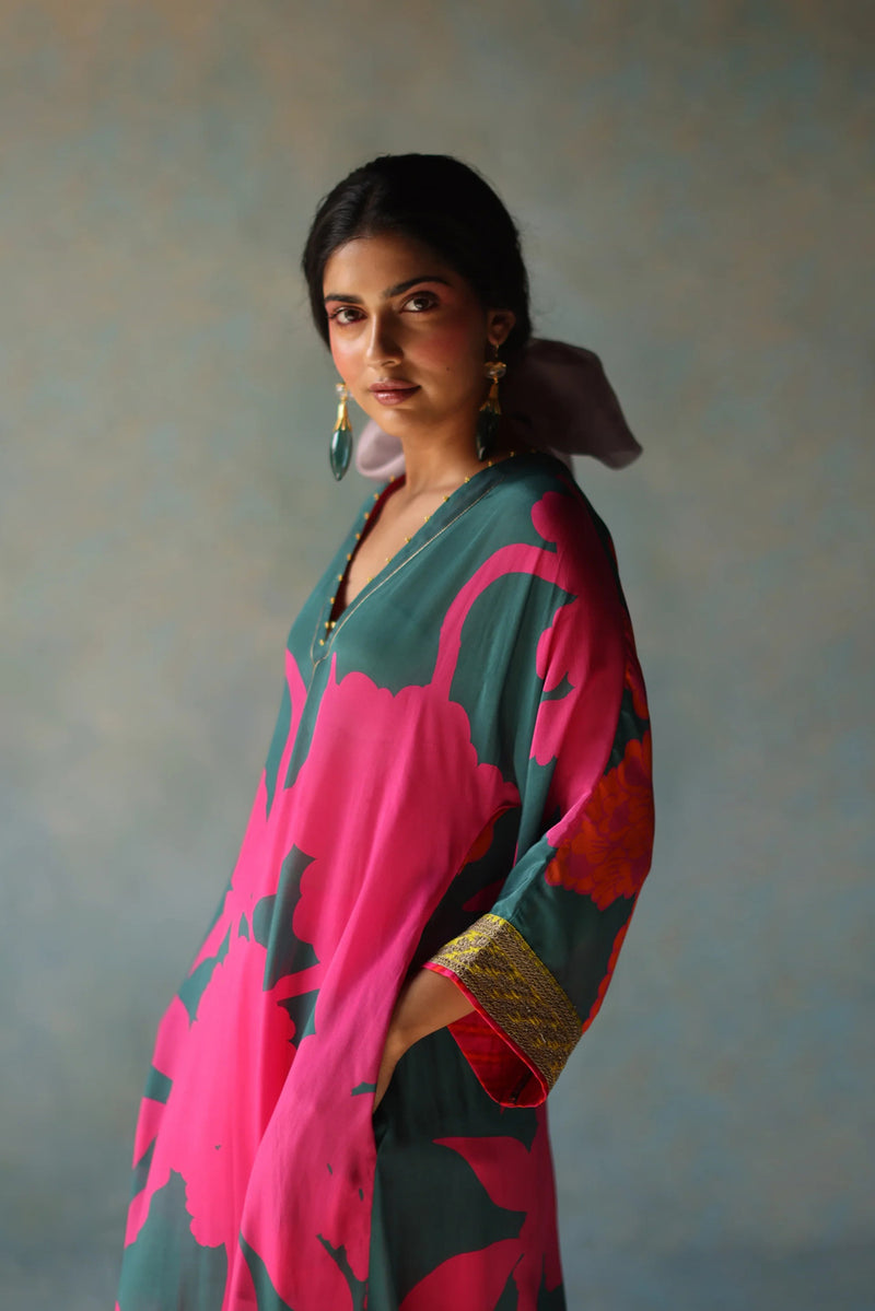 Gul Teal Flower Kaftan Kurta Set crepe , modal satin by Rajiramniq in blue for women Worldwide