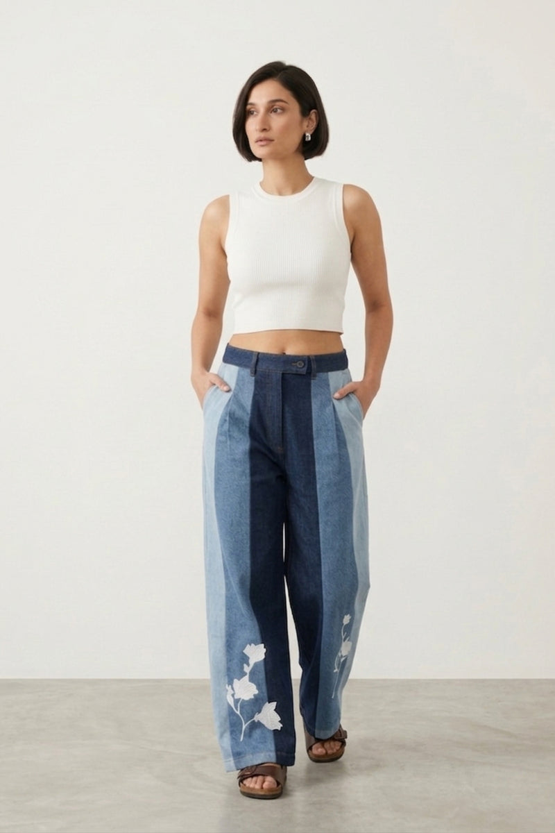 Ember Denim Panelled Pants denim pant/trouser by Doodlage in blue for women Worldwide