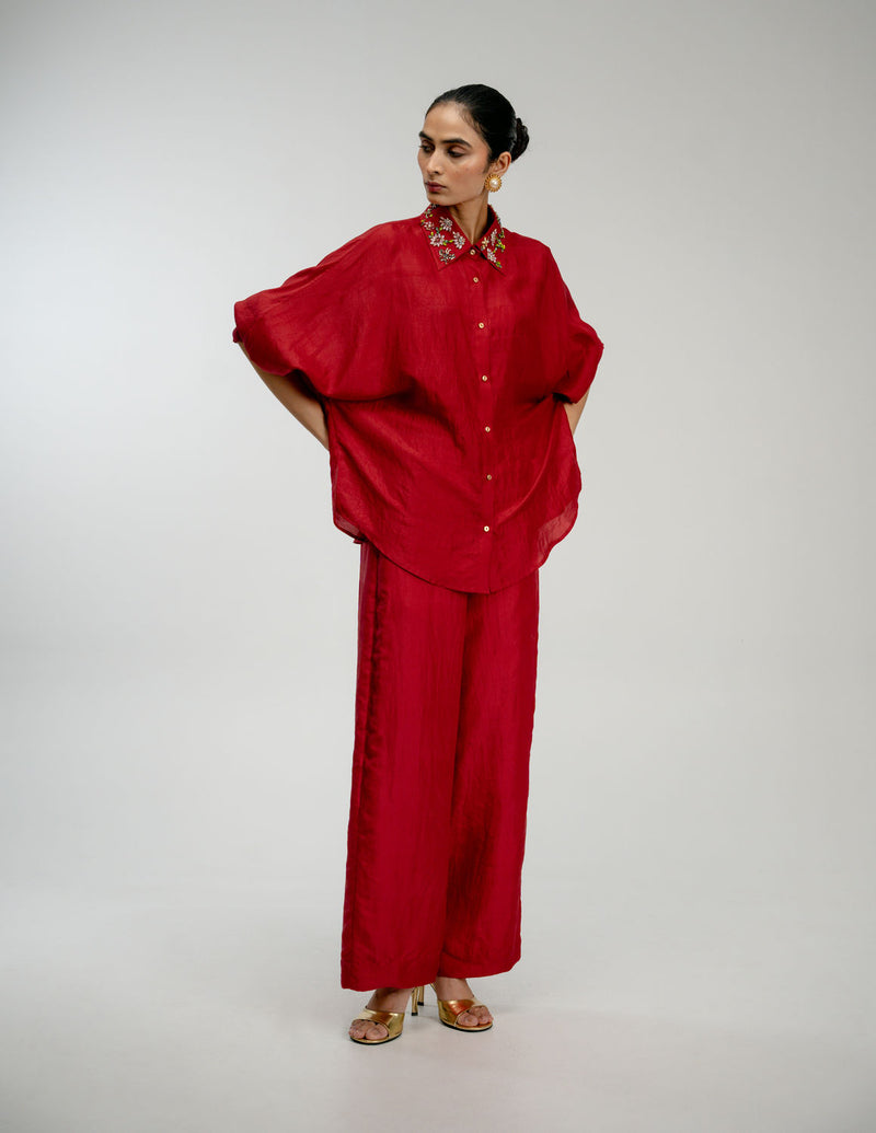 Borrowed Time Set mulberry silk co-ord set by Ode to Odd in red for women Worldwide