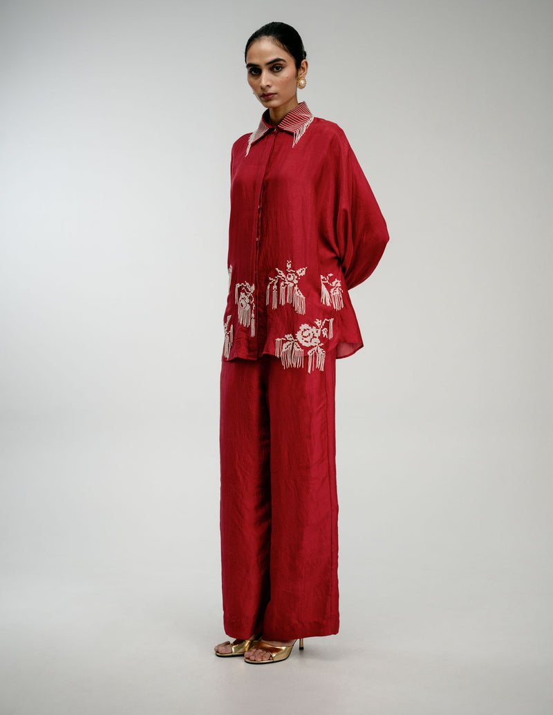 Heirloom Set mulberry silk co-ord set by Ode to Odd in red for women Worldwide