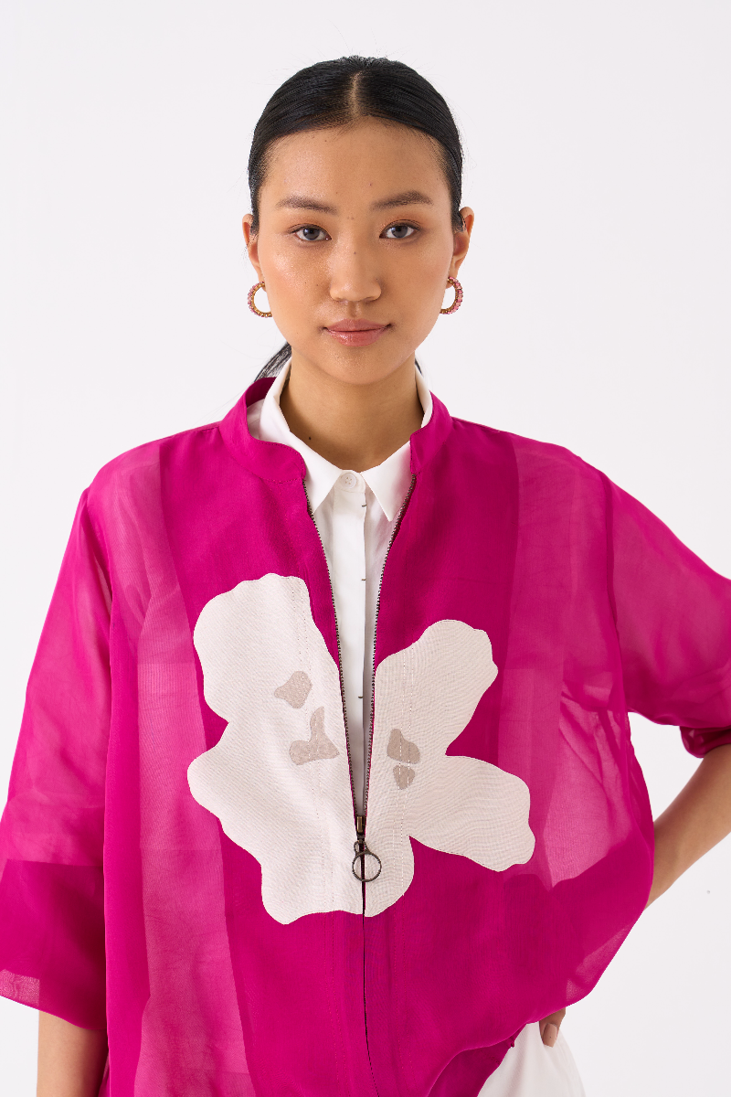 FLORAL APPLIQUE BOMBER JACKET-FUSCHIA