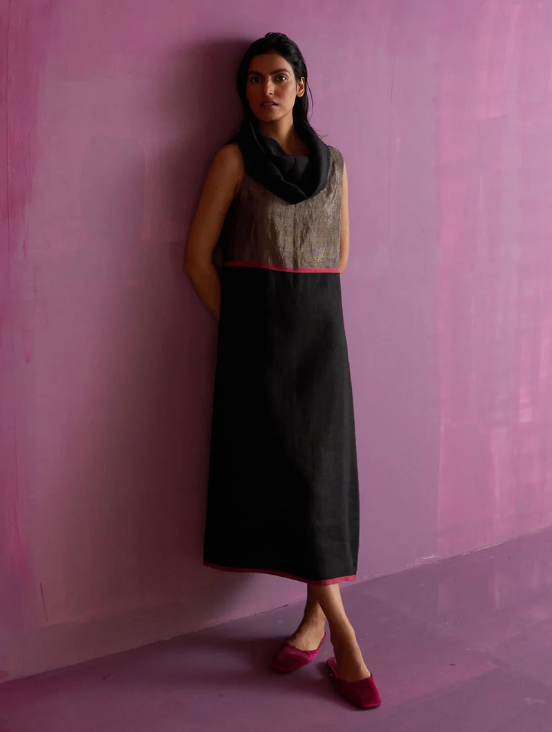 Shira Cowl Neck Dress - Black linen by Manan in black color for women Worldwide