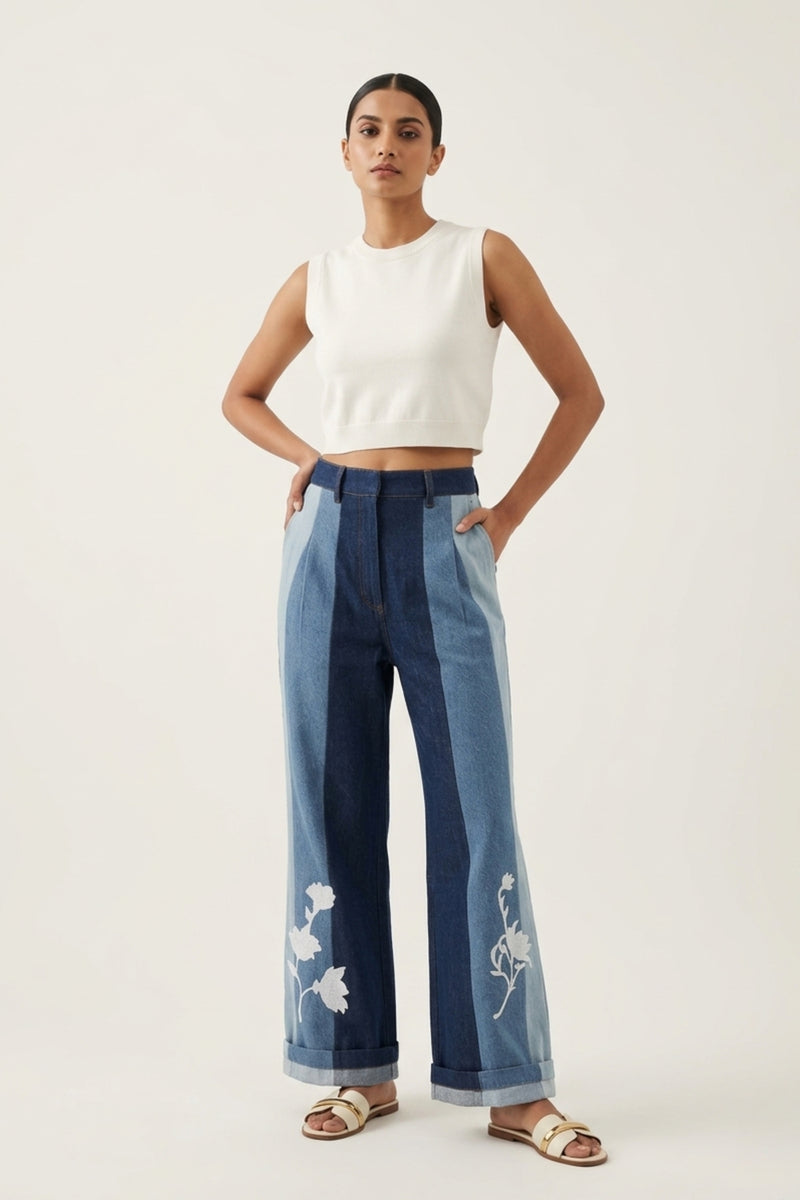 Ember Denim Panelled Pants denim pant/trouser by Doodlage in blue for women Worldwide