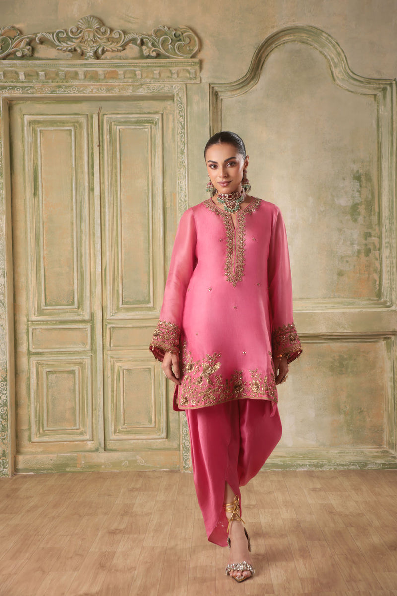 Zar-Rang Pink Heavy Short Kurta Set