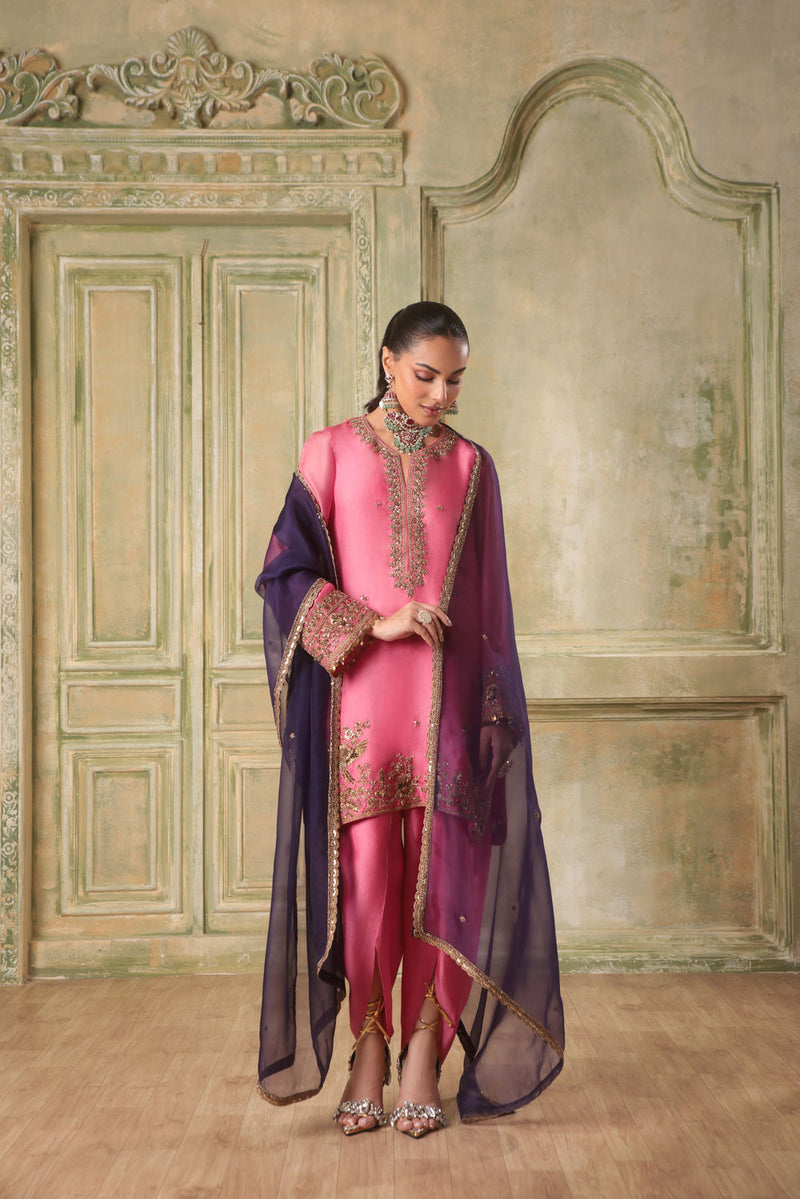 Zar-Rang Pink Heavy Short Kurta Set
