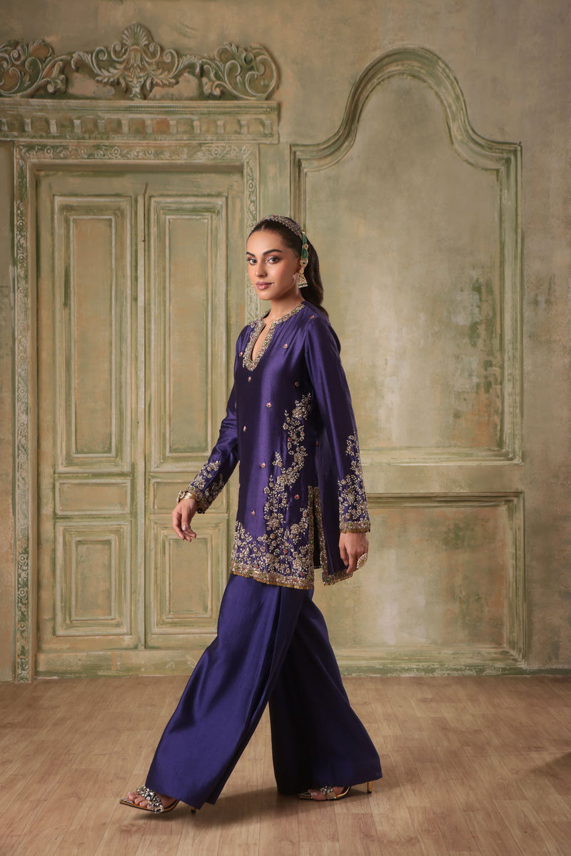 Zar-Rang Purple Short Jaal Kurta Set