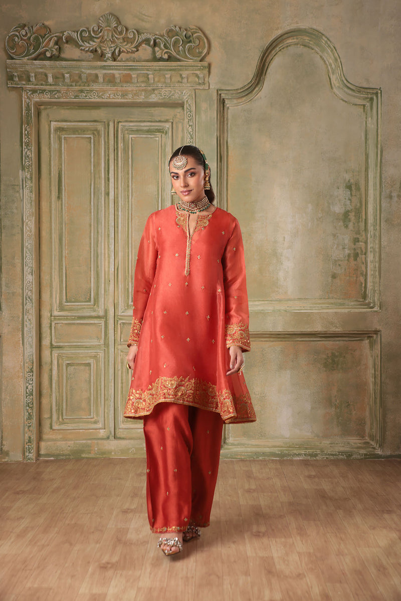 Zar-Rang Orange Short Pheran Kurta Set