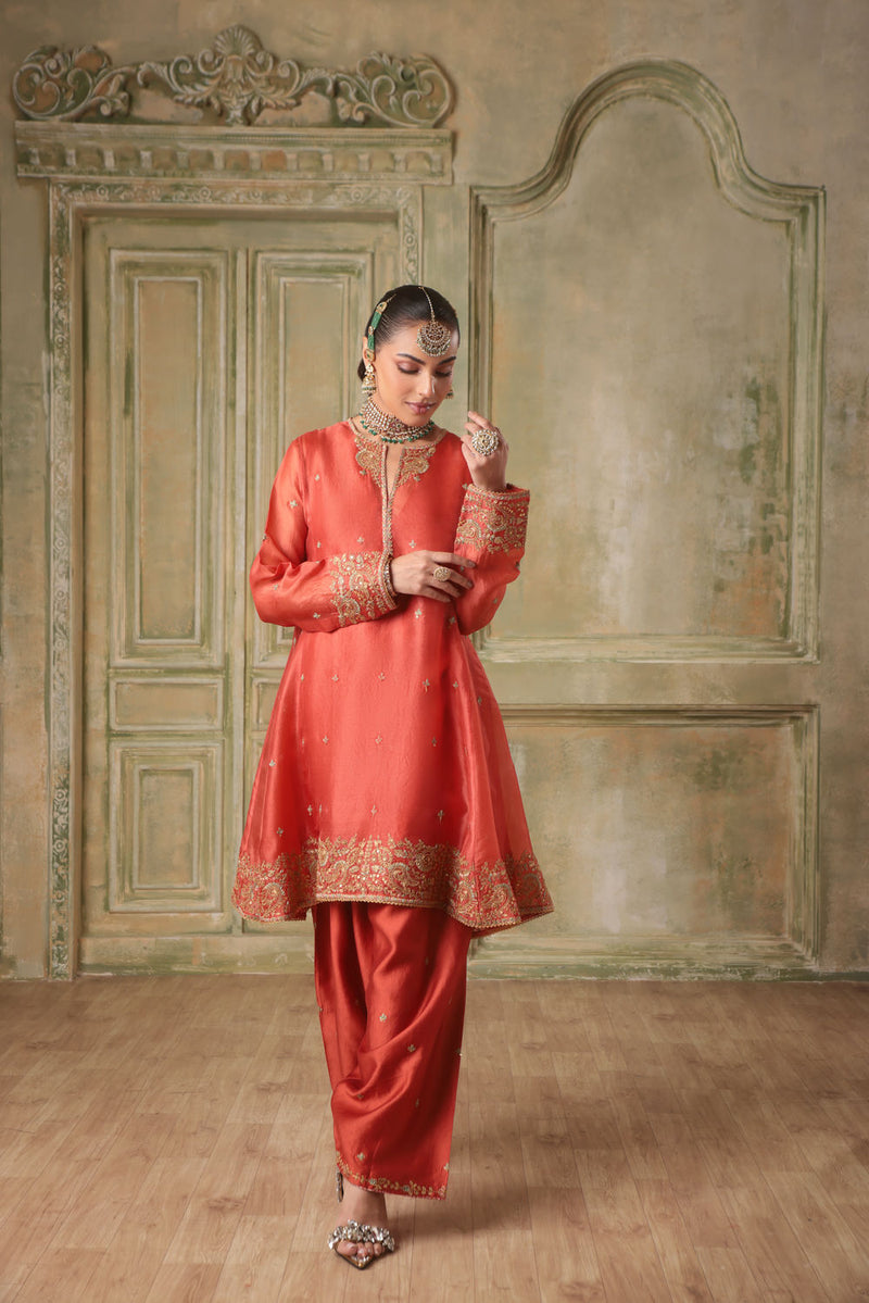 Zar-Rang Orange Short Pheran Kurta Set