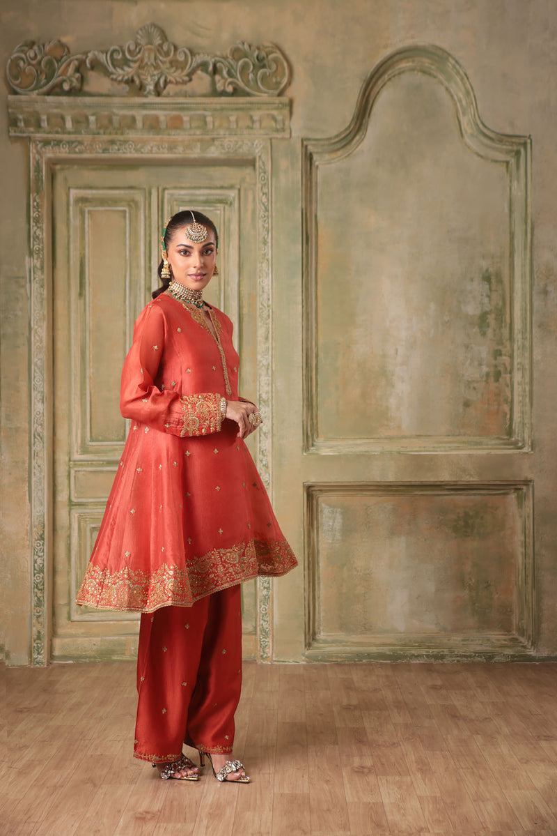 Zar-Rang Orange Short Pheran Kurta Set