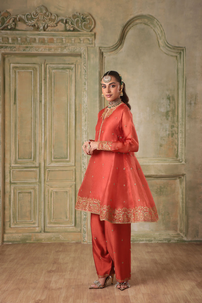 Zar-Rang Orange Short Pheran Kurta Set
