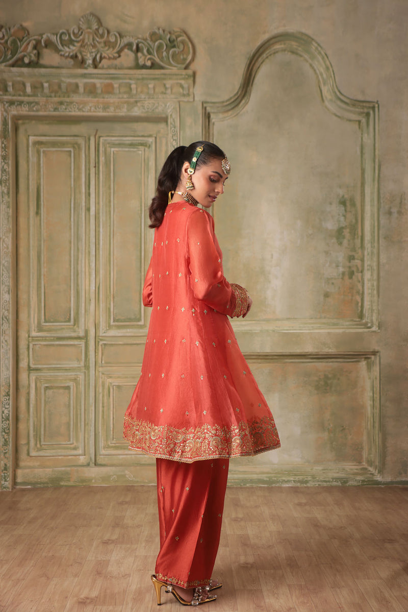 Zar-Rang Orange Short Pheran Kurta Set
