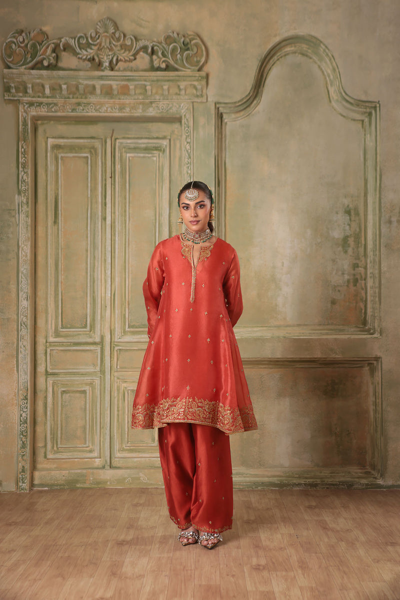 Zar-Rang Orange Short Pheran Kurta Set