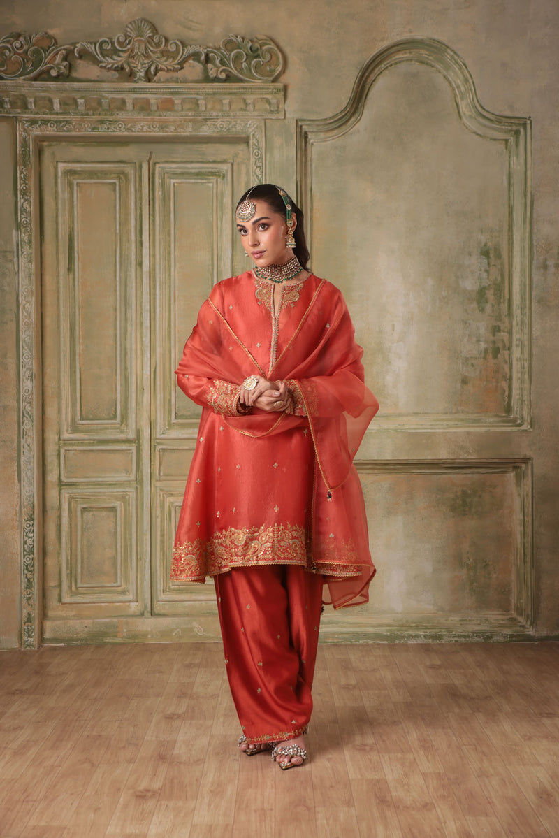 Zar-Rang Orange Short Pheran Kurta Set