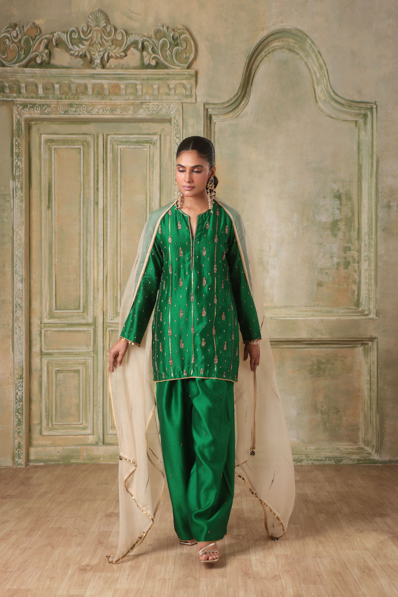Zar-Rang Green Short Buti Kurta Set