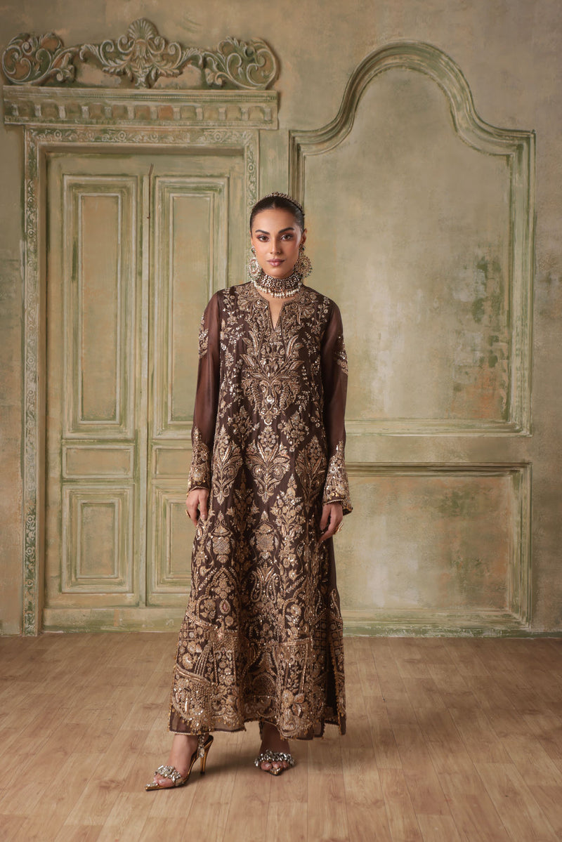 Zar-Rang Brown Heavy Jaal Kaftan Set