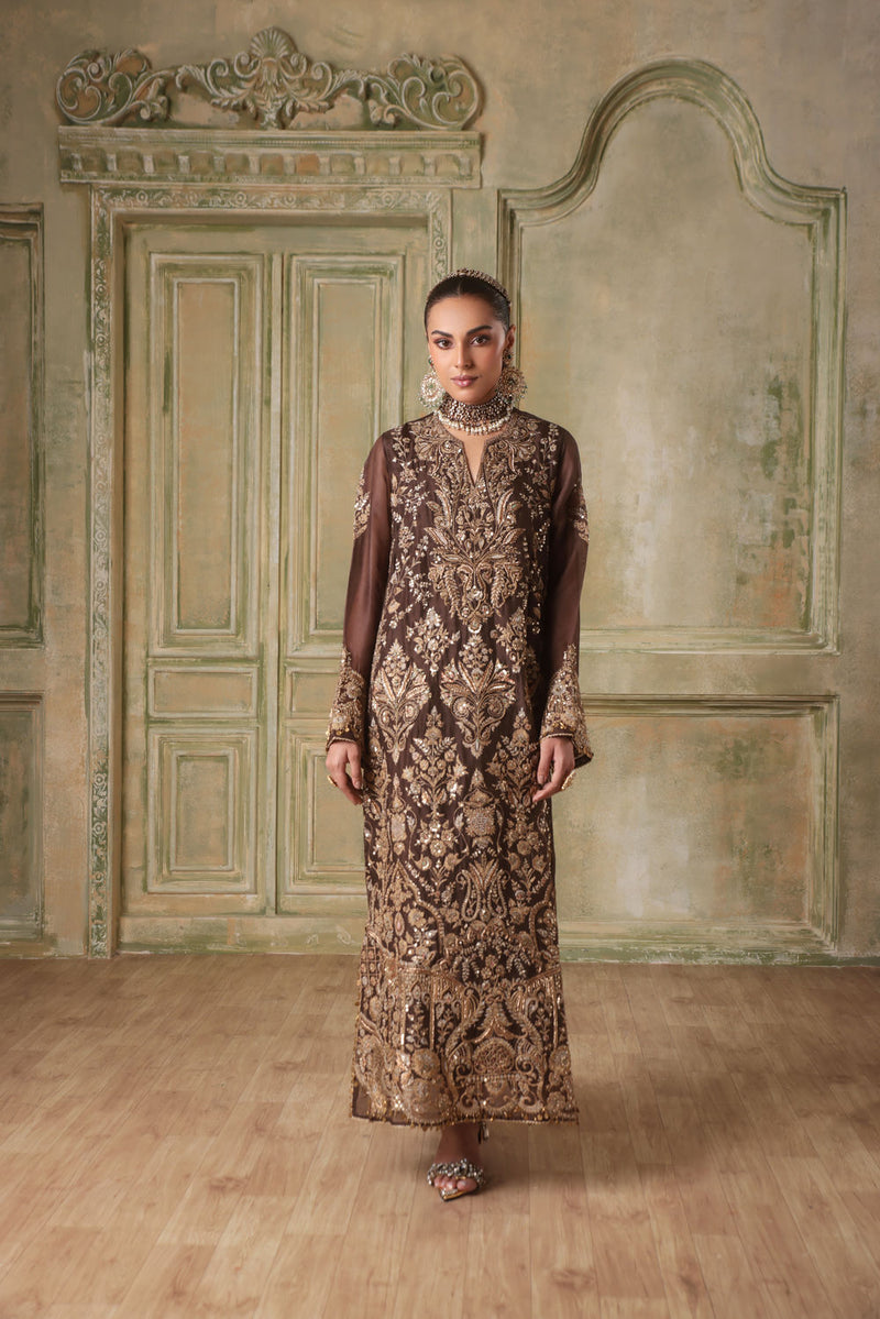 Zar-Rang Brown Heavy Jaal Kaftan Set