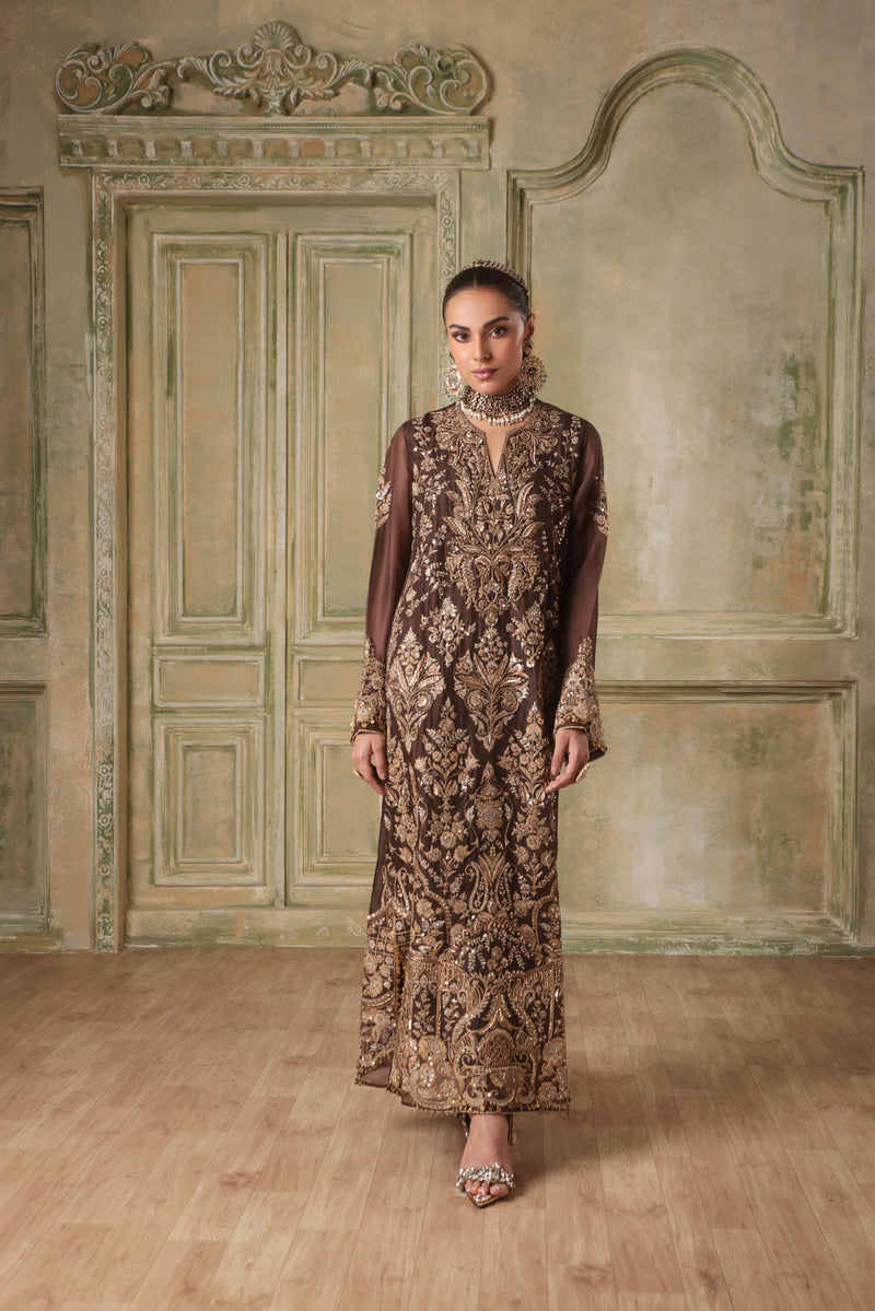 Zar-Rang Brown Heavy Jaal Kaftan Set