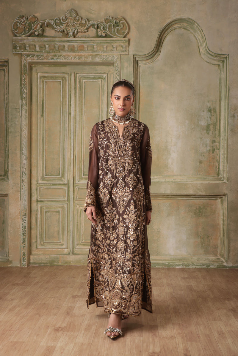 Zar-Rang Brown Heavy Jaal Kaftan Set