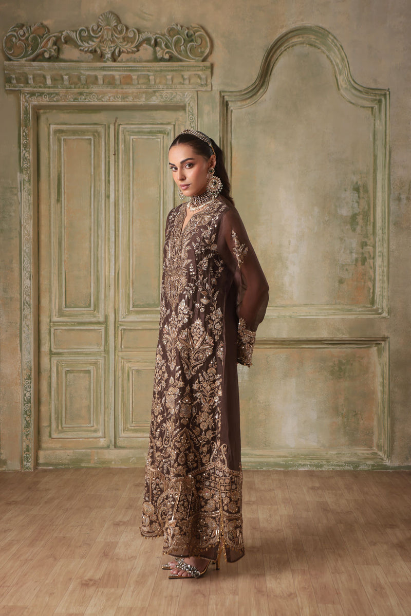 Zar-Rang Brown Heavy Jaal Kaftan Set