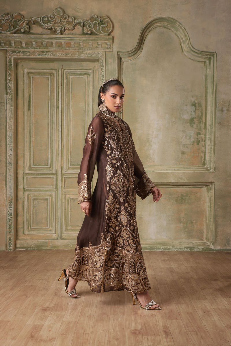 Zar-Rang Brown Heavy Jaal Kaftan Set
