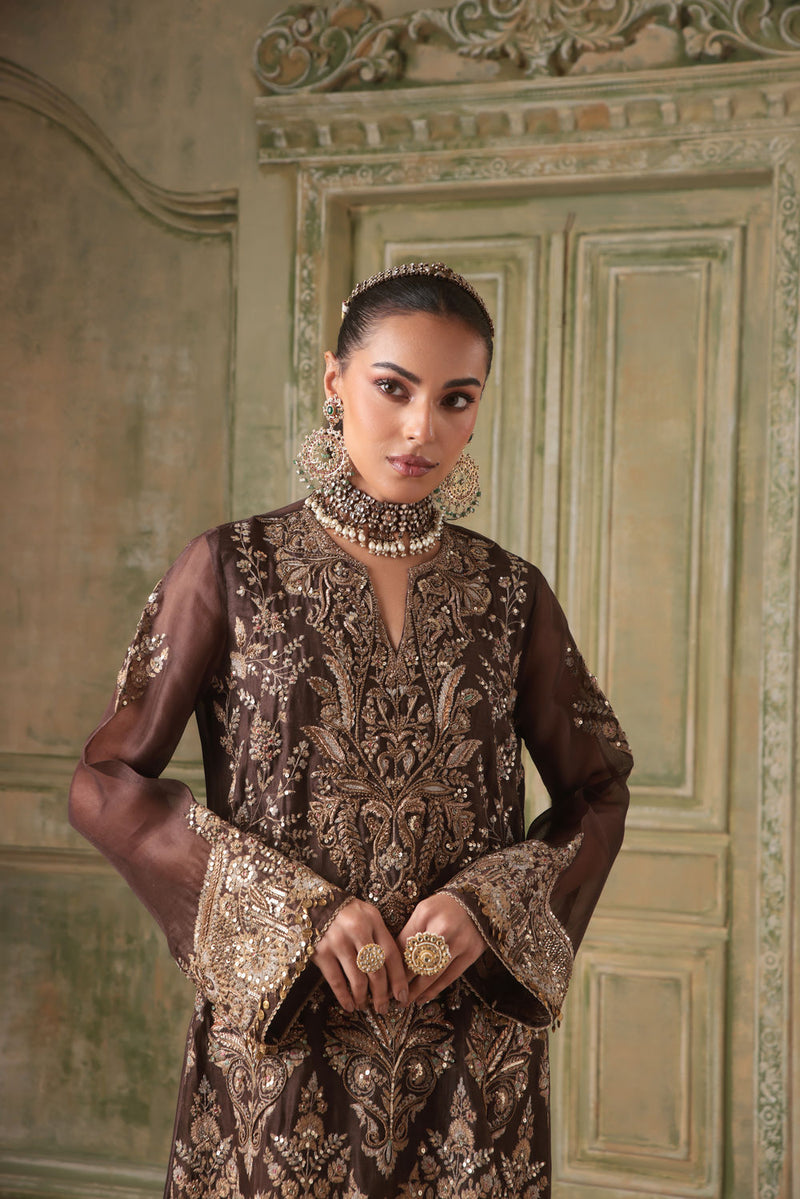Zar-Rang Brown Heavy Jaal Kaftan Set