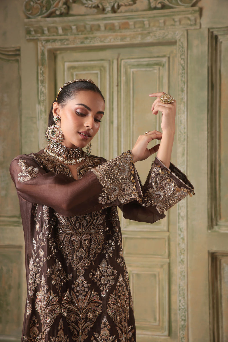 Zar-Rang Brown Heavy Jaal Kaftan Set
