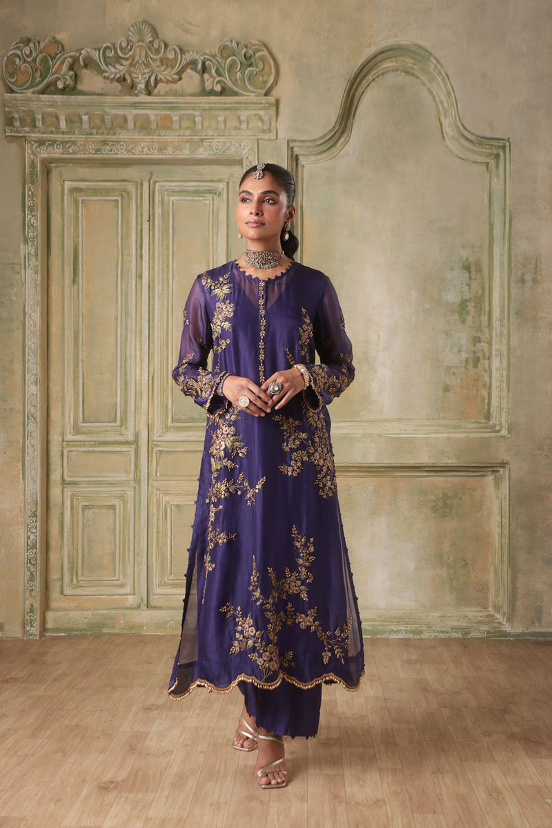 Zar-Rang Purple Multicolor Jaal Kurta Set