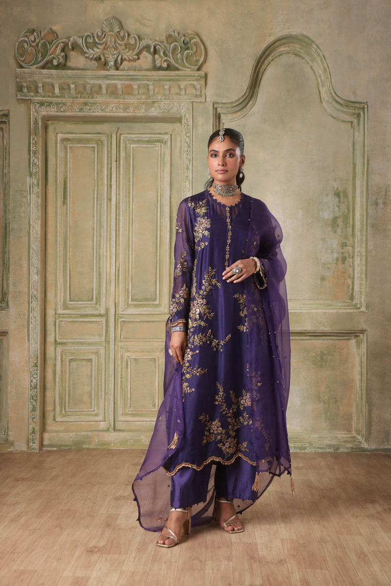 Zar-Rang Purple Short Jaal Kurta Set
