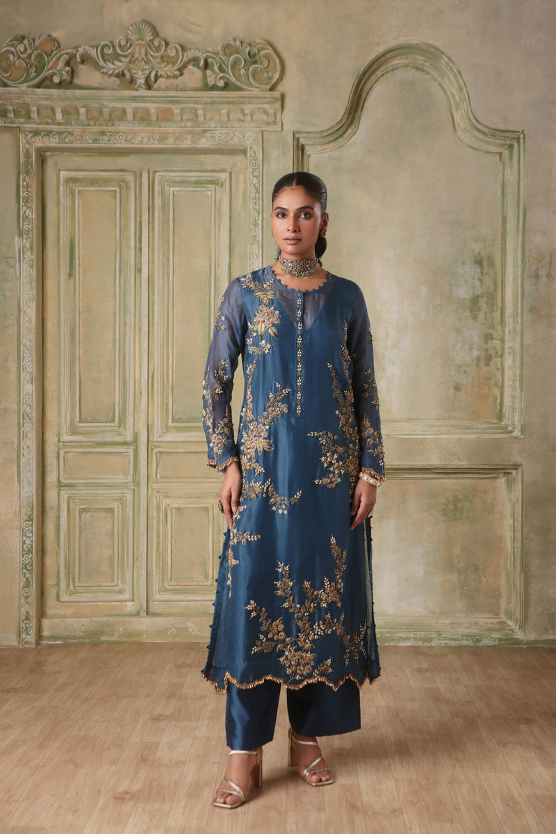 Zar-Rang BlueMulticolor Jaal Kurta Set
