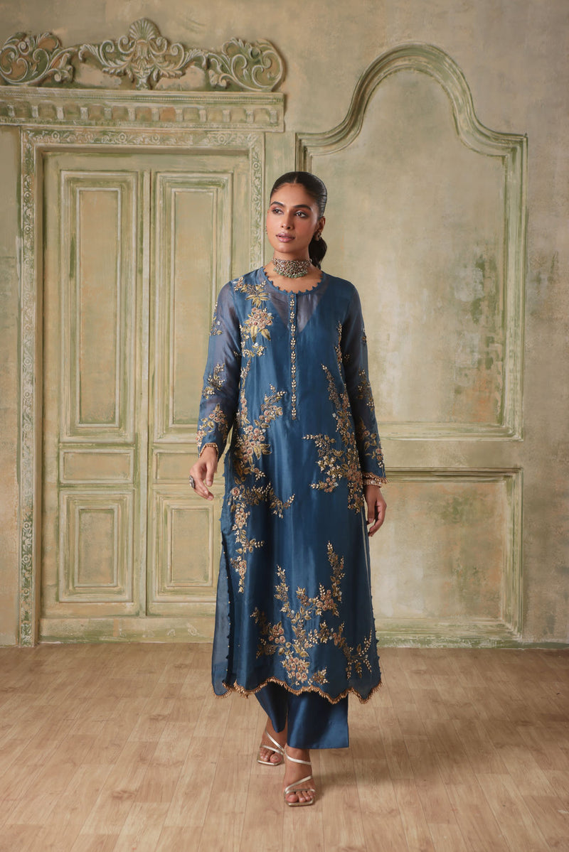 Zar-Rang BlueMulticolor Jaal Kurta Set