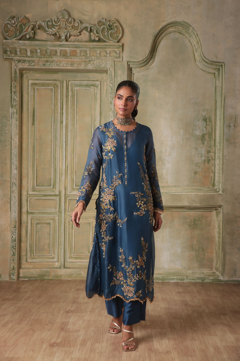 Zar-Rang BlueMulticolor Jaal Kurta Set