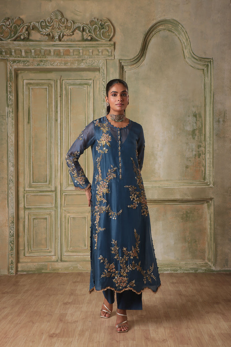 Zar-Rang BlueMulticolor Jaal Kurta Set
