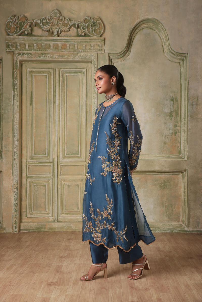 Zar-Rang BlueMulticolor Jaal Kurta Set