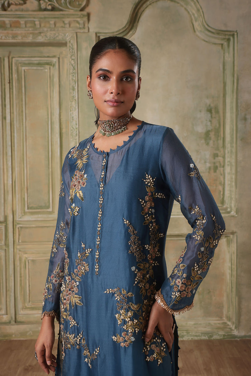 Zar-Rang BlueMulticolor Jaal Kurta Set