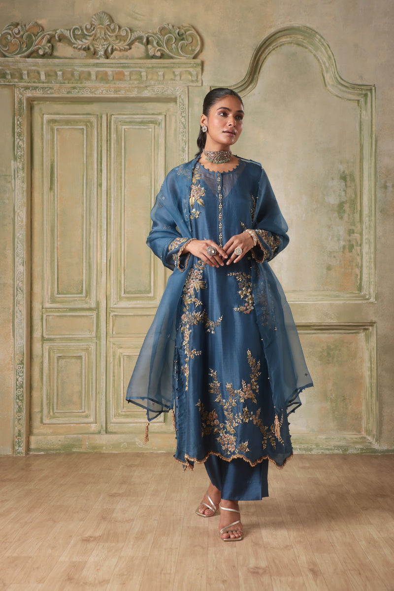 Zar-Rang BlueMulticolor Jaal Kurta Set