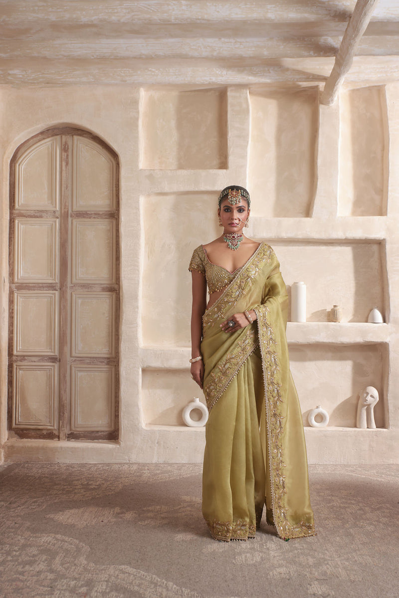Zar-Rang Olive Green Zardosi Border Saree Set