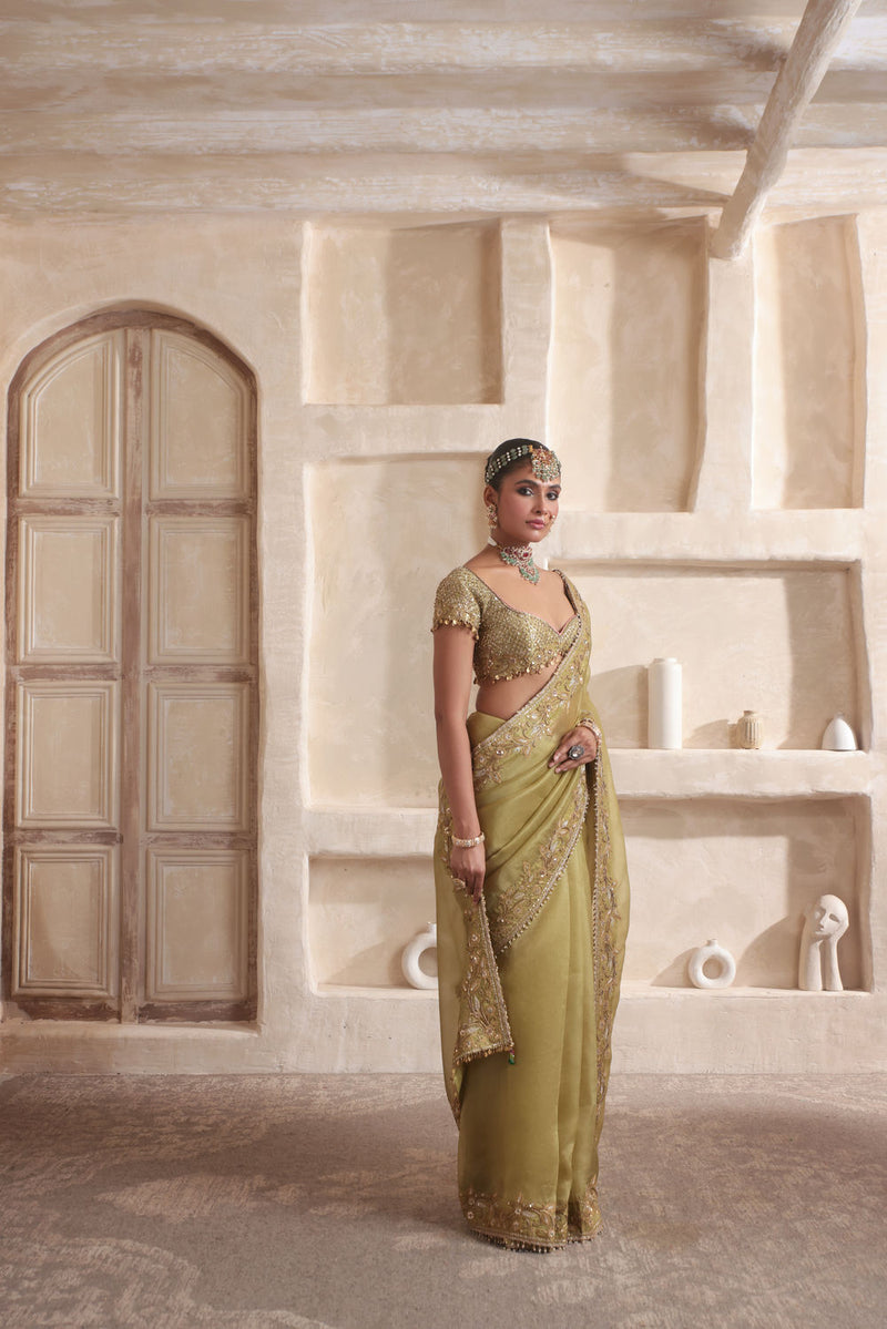 Zar-Rang Olive Green Zardosi Border Saree Set