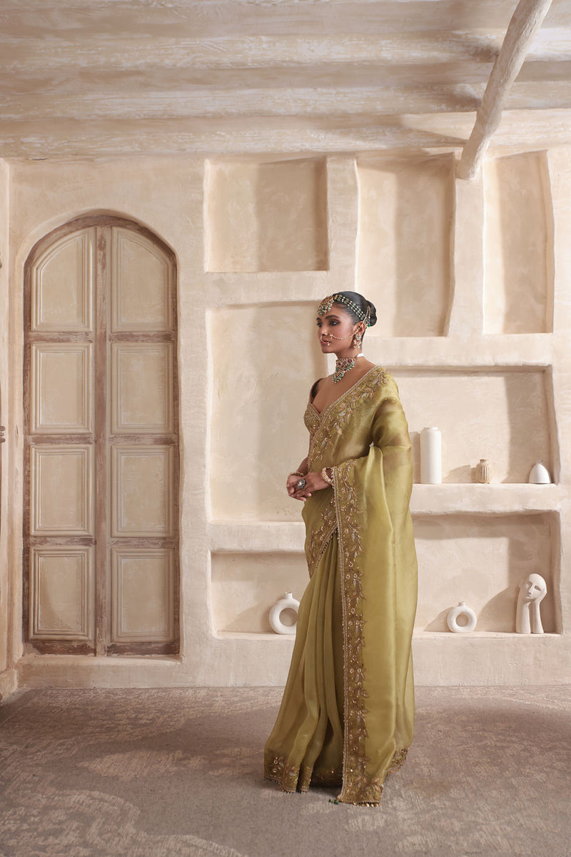 Zar-Rang Olive Green Zardosi Border Saree Set