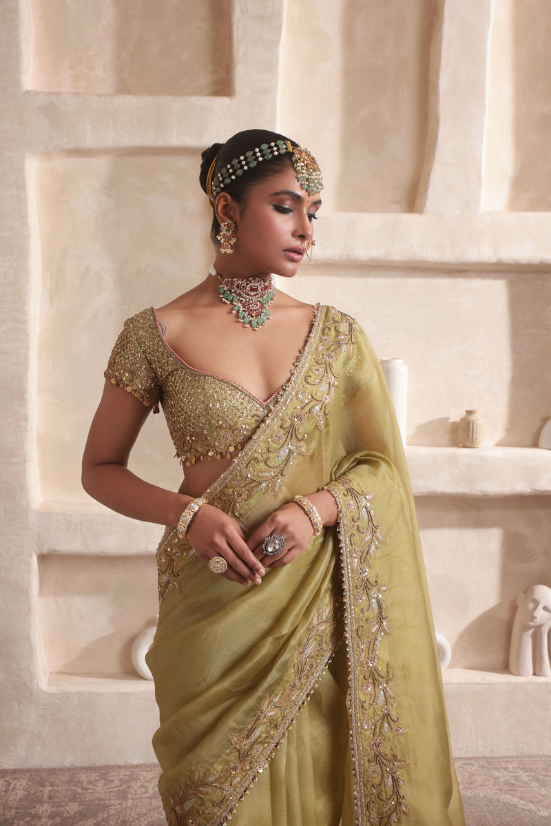 Zar-Rang Olive Green Zardosi Border Saree Set