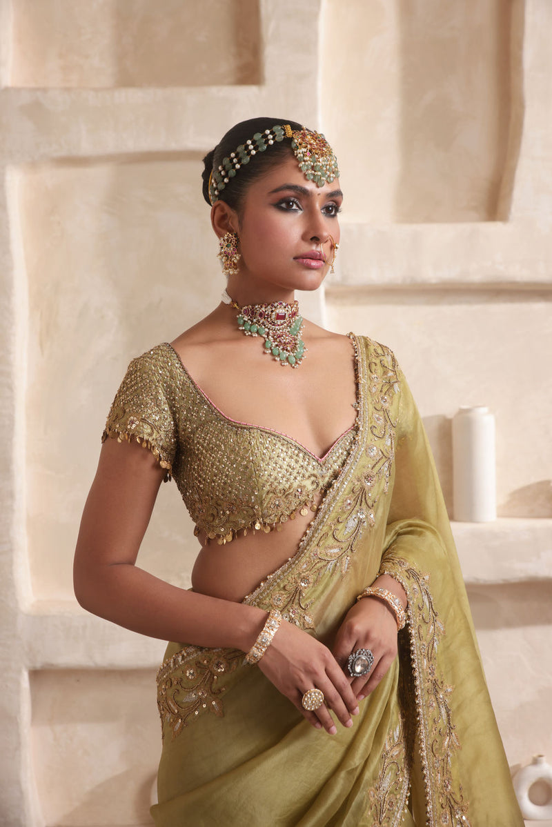Zar-Rang Olive Green Zardosi Border Saree Set