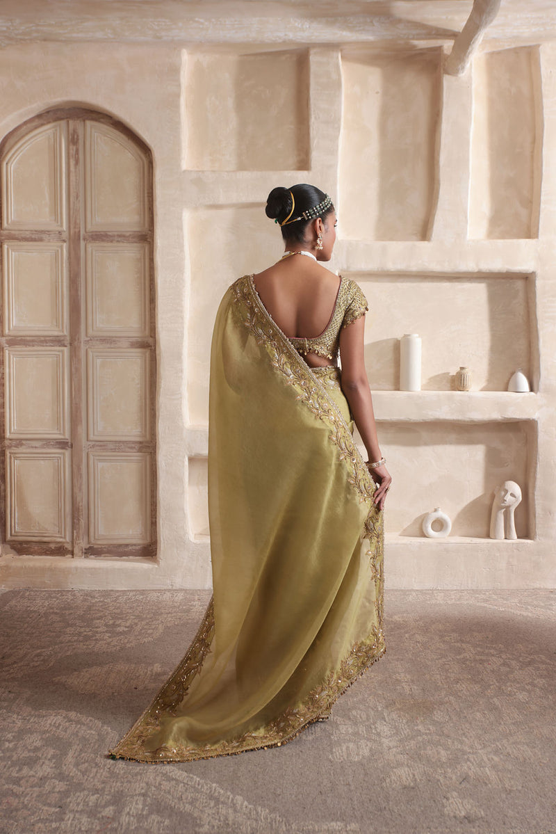 Zar-Rang Olive Green Zardosi Border Saree Set