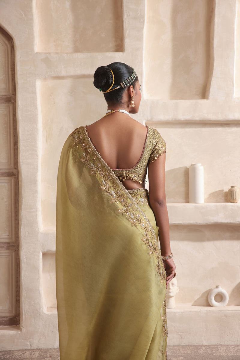 Zar-Rang Olive Green Zardosi Border Saree Set